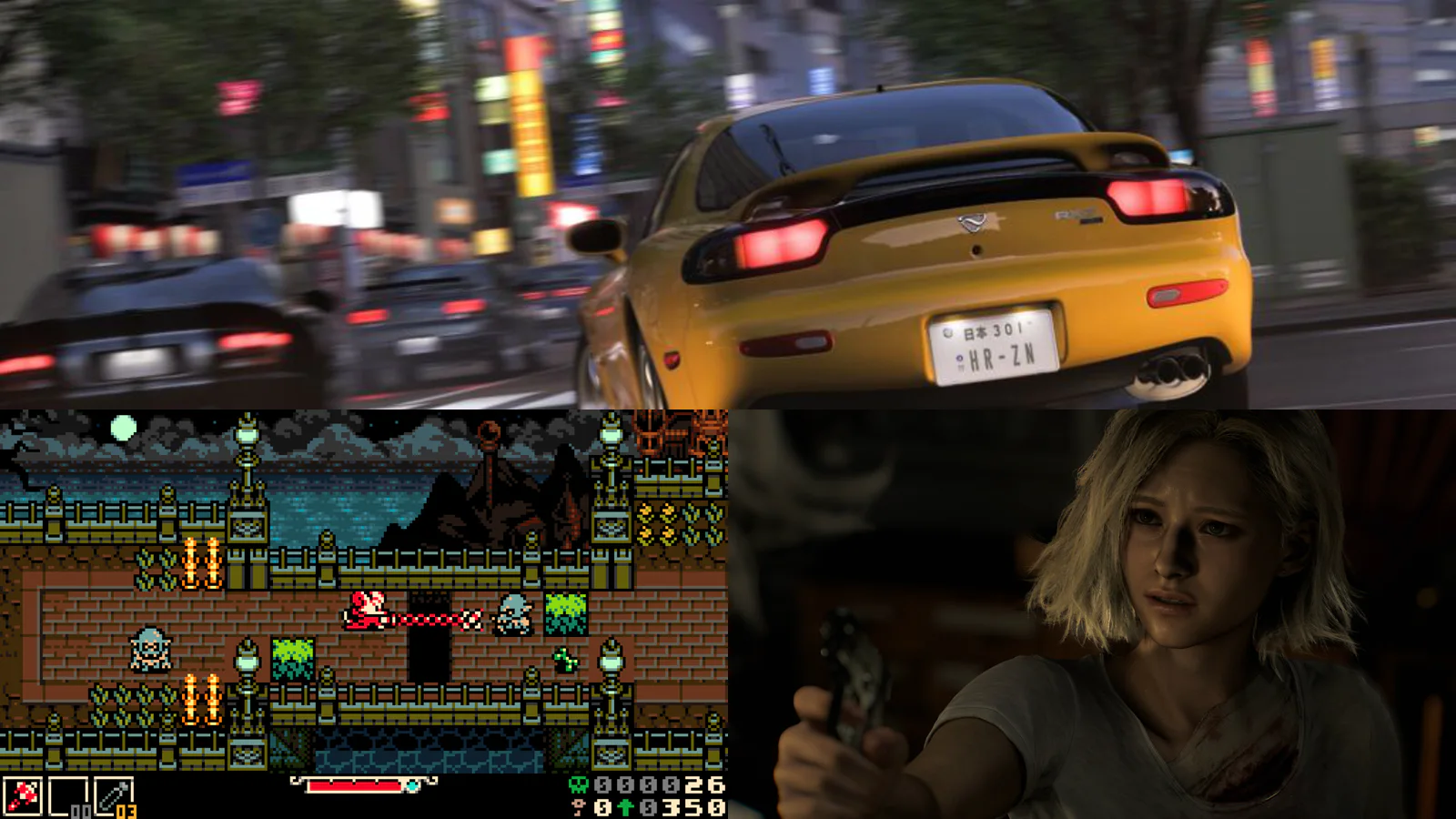 Official screenshots from Forza Horizon 6, Mina the Hollower, and Resident Evil Requiem