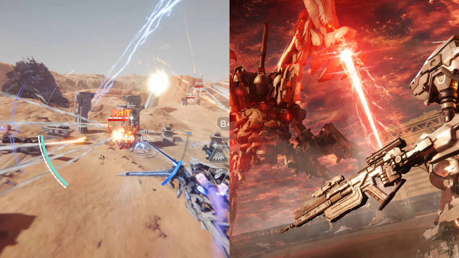 Official Mecha Break and Armored Core VI gameplay screenshots shown side by side