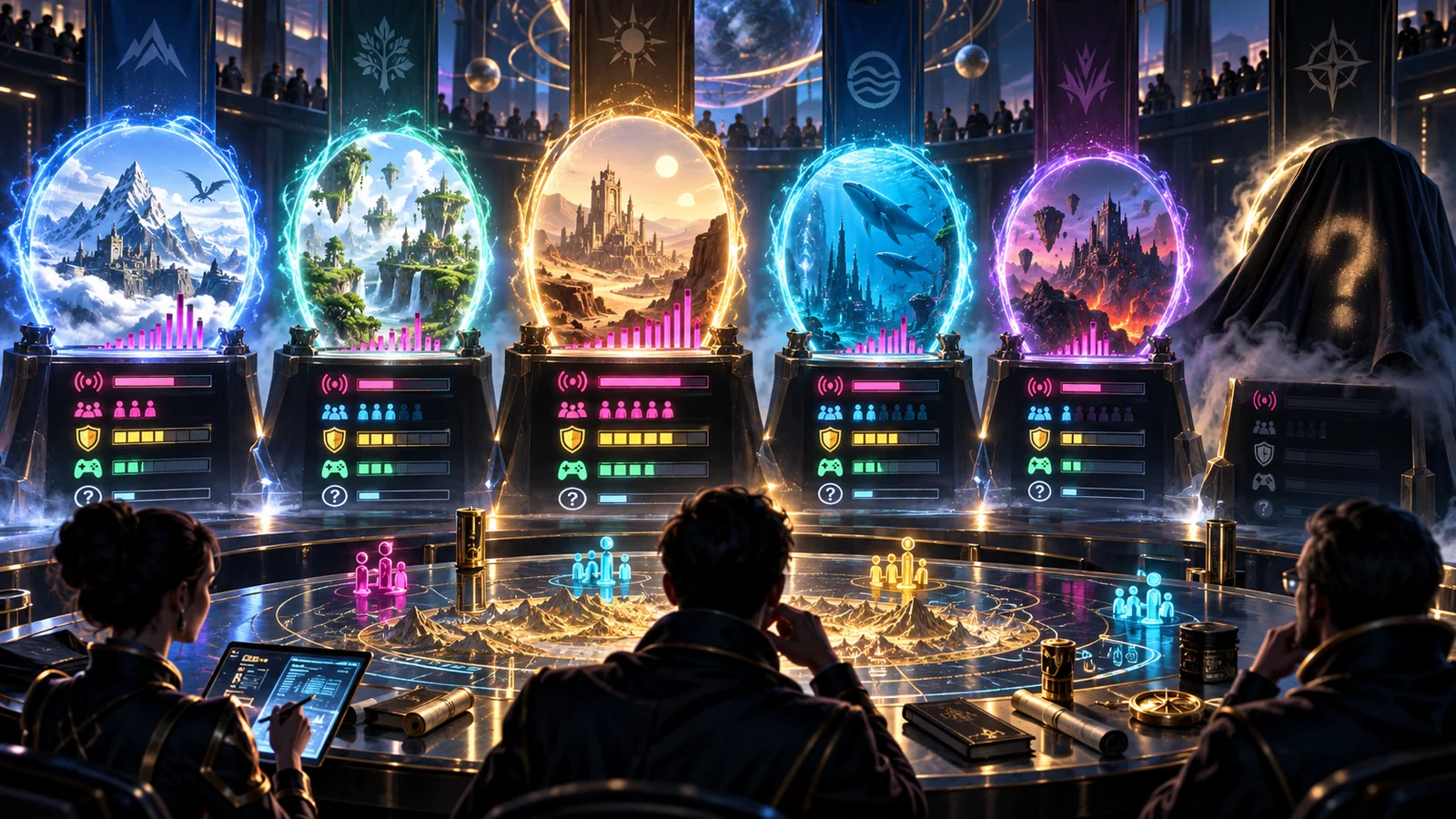 Several fictional game worlds compete through buzz, momentum, release confidence, playable evidence, and uncertainty signals.