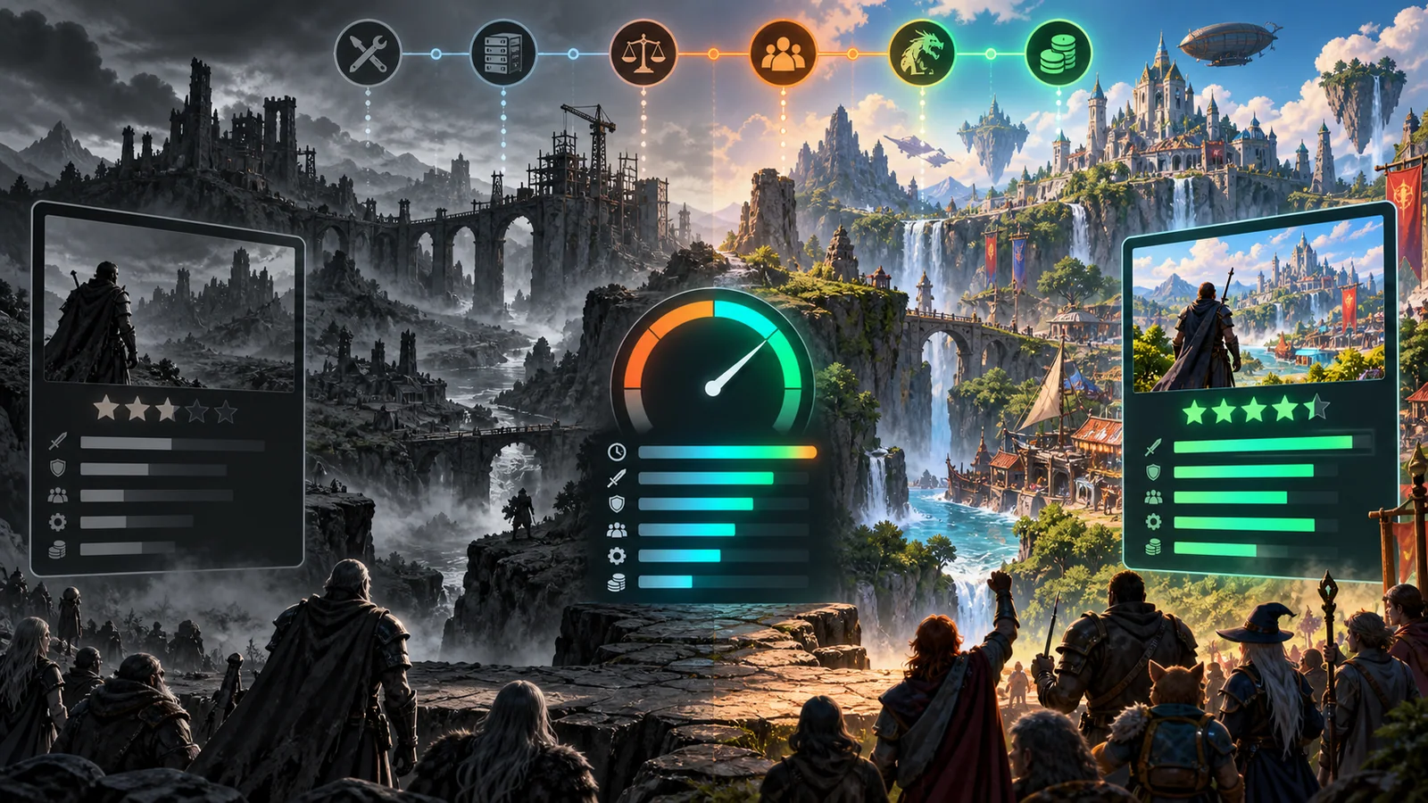 An older faded game state and a current vivid state are compared across patch, server, balance, community, and monetization changes.