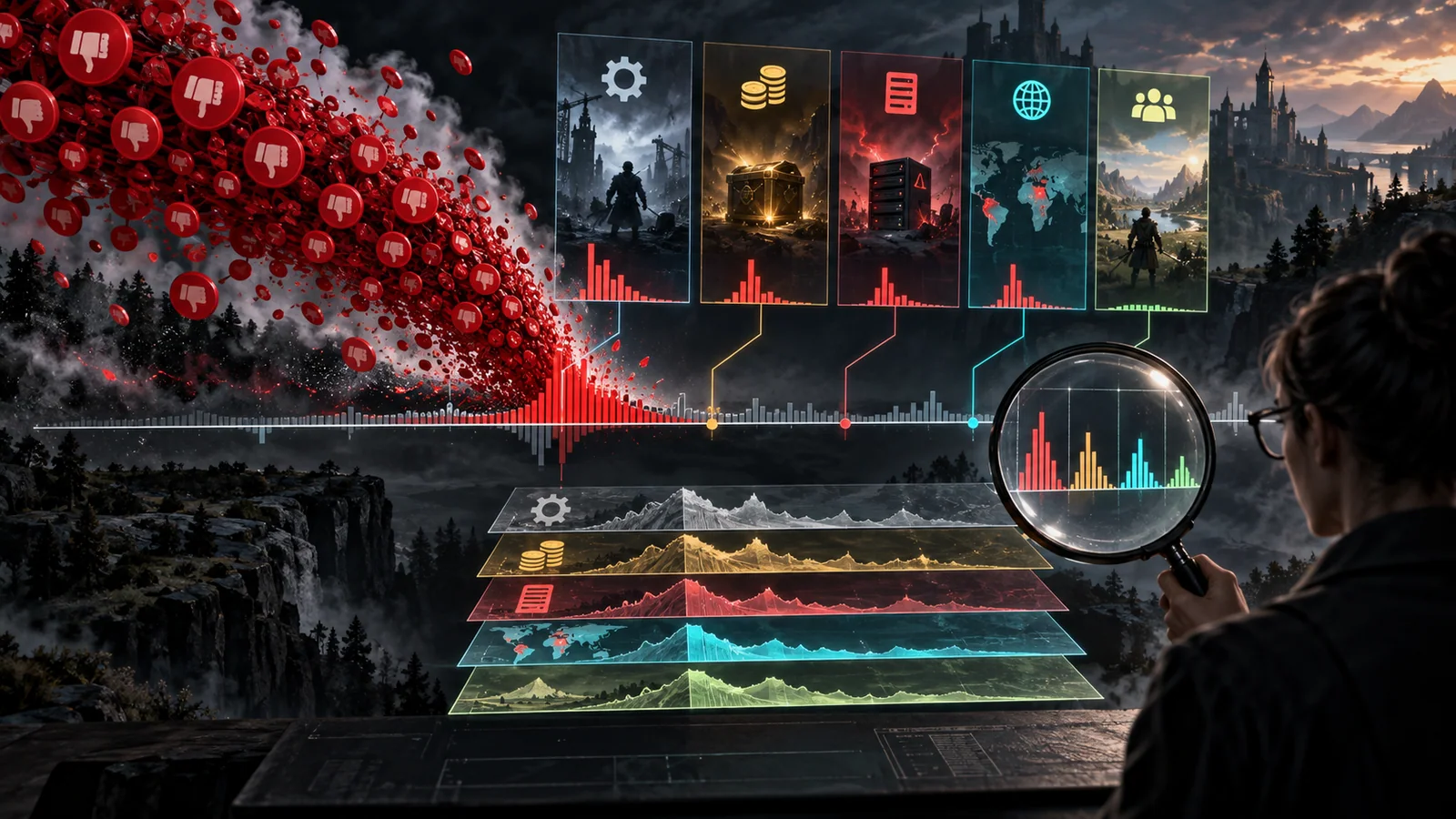 A wave of negative reviews is separated into patch, monetization, server, regional, and player-experience layers along a timeline.